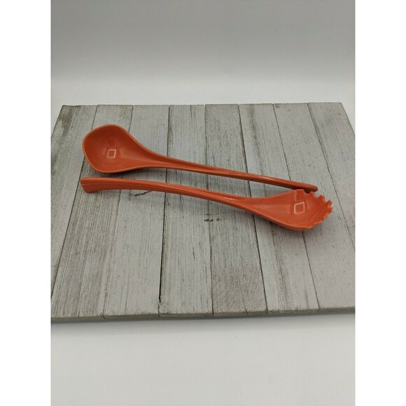 Melamine 2 Piece Salad Serving Fork Spoon Tongs Orange Flatware 11" - Picture 1 of 6